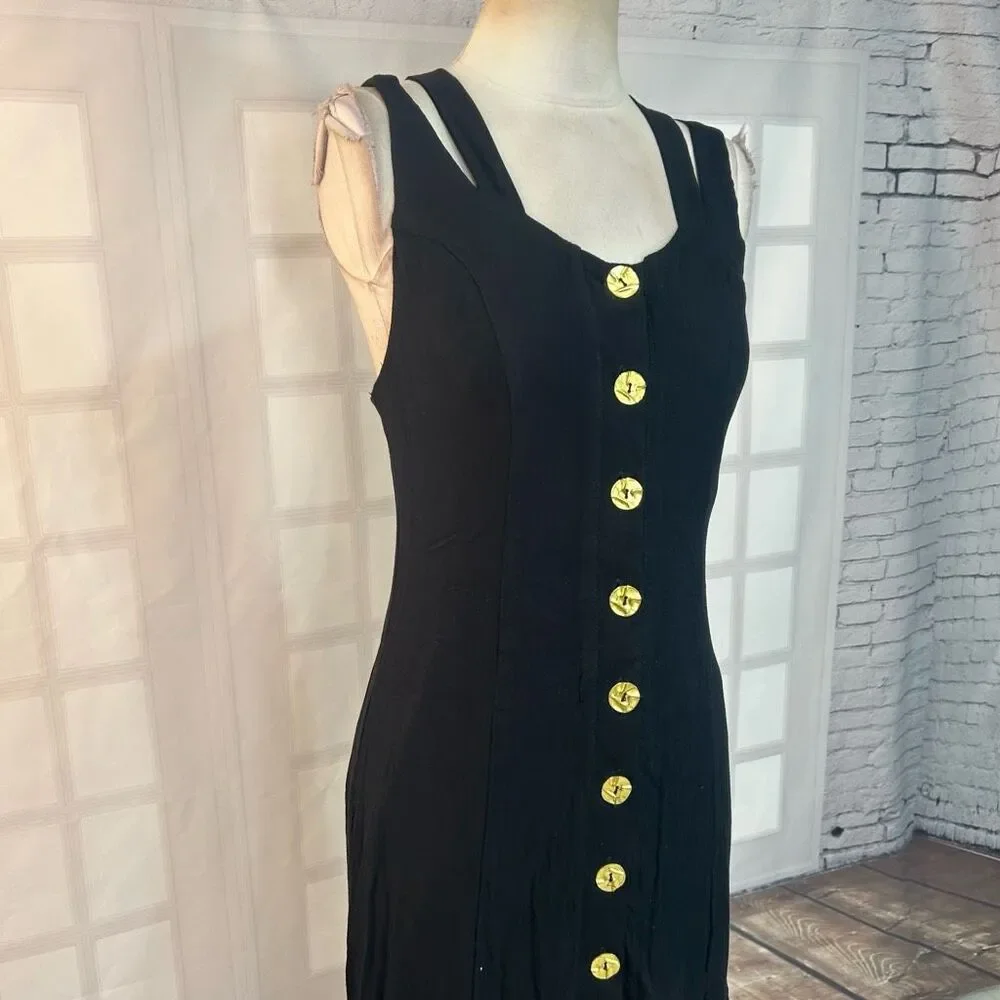 ROW A Black Strappy gold Button Down Midi Dress Size Small - Picture 3 of 10